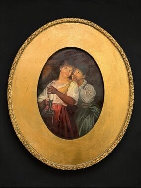 RARE Antique Mid 19th C The Gossips by G. Hom Gold Oval Framed Oleograph Print